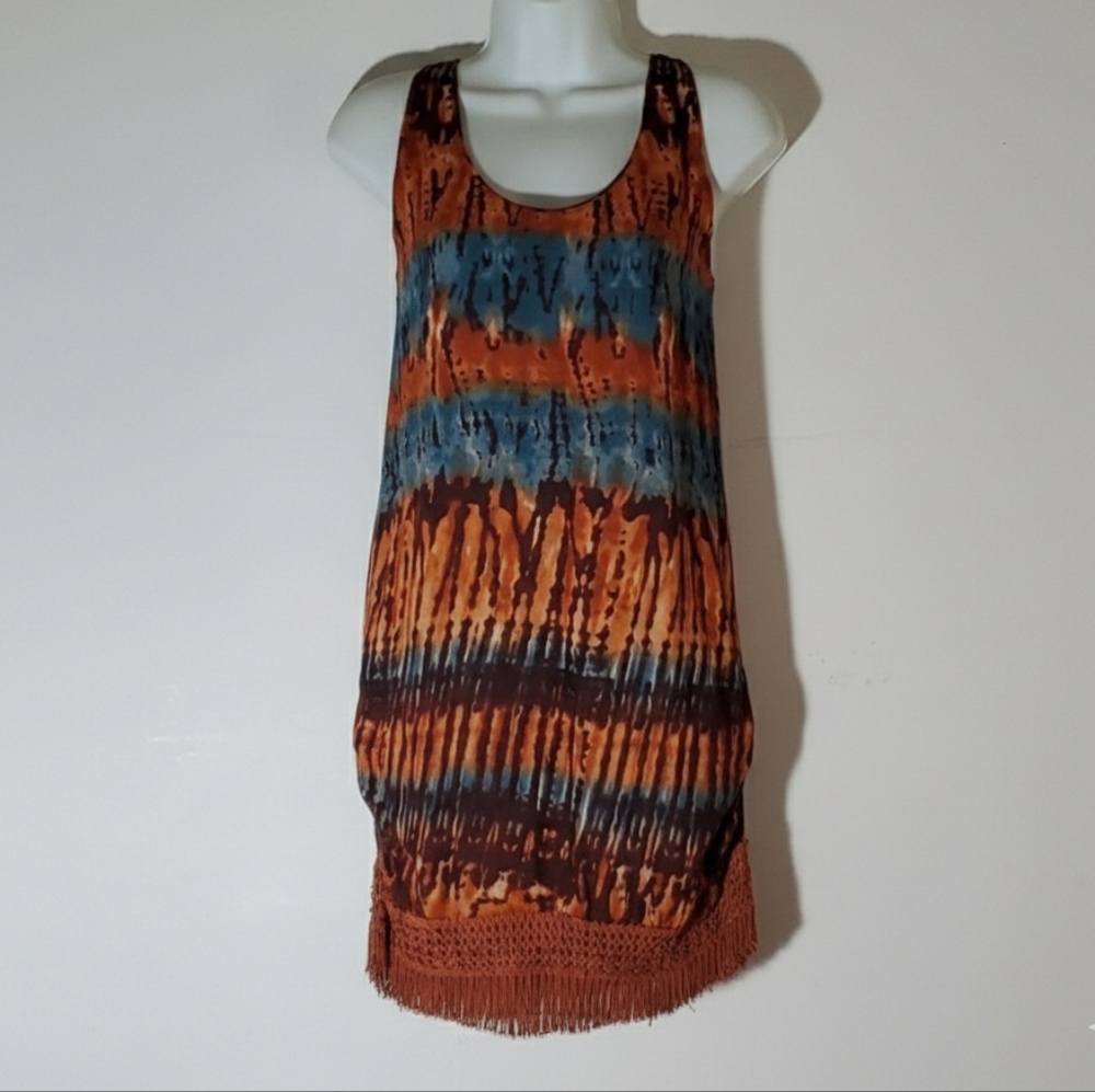 Billabong Size XS Dress Tie Dye Fringe Tassel Racer Back Orange Blue Sleeveless